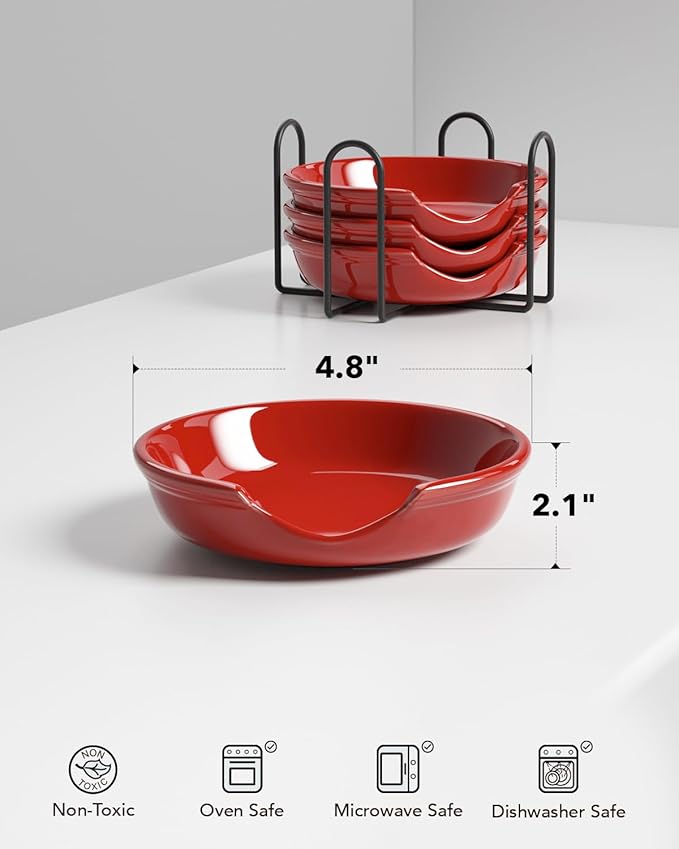 LE TAUCI Ceramic Spoon Rest with Holder, 4.8 Inches Spoon Rest for Stove Top, Utensil Rest for Kitchen Counter, Coffee Spoon Holder, Set of 4, Red