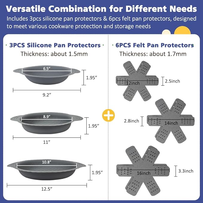BYKITCHEN 3PCS Silicone Pan Protectors with 6PCS Felt Pan Pot Separators Dividers Pads for Stacking and Protecting Your Cookware, Compatible with Hexclad Cookware Set, Tfal Nonstick Frying Pans &More