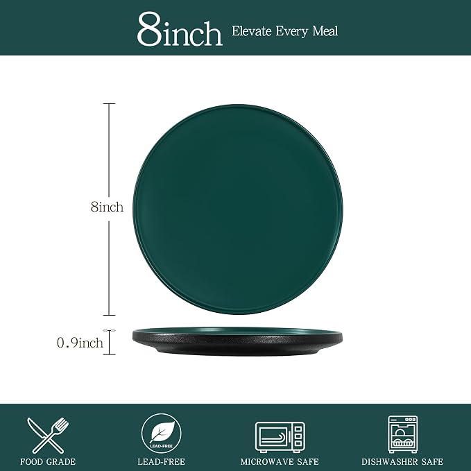 8 Inch Plates Set of 4, Matte Glaze Stoneware Plate, Microwave and Dishwasher Safe, Ceramic Plates for Salads & Desserts, Matte Green