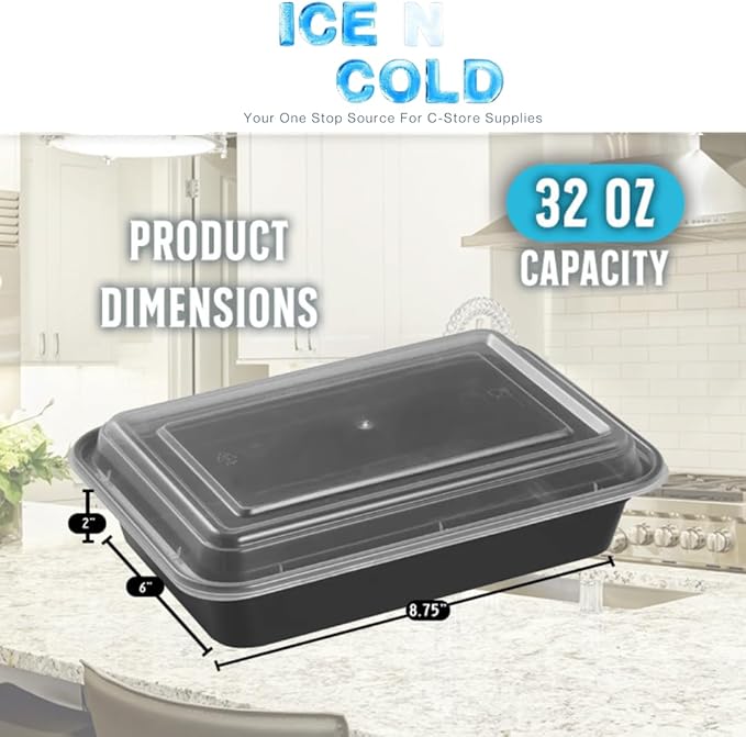 ICE N COLD Reusable To-Go Food Meal Prep Storage Containers with Leak Proof Snap Lids 32oz | 950ml | 100-Pack