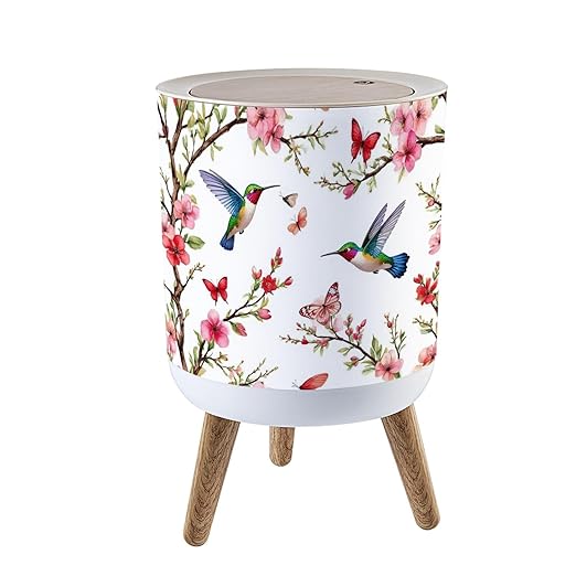 Trash Can with Lid Seamless Floral Hand Drawn Hummingbirds Tropical Japanese Press Top Round Small Garbage Bin with Wooden Legs Waste Basket for Kitchen Bedroom Nursery 7L/1.8 Gallon