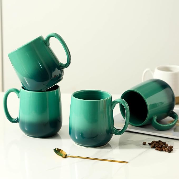 HASENSE 15oz Ceramic Mug Set of 4, Green Ombre Coffee Cups with Handle – Microwave & Dishwasher Safe Large Cappuccino Latte Tea Mugs, Housewarming Gift Idea