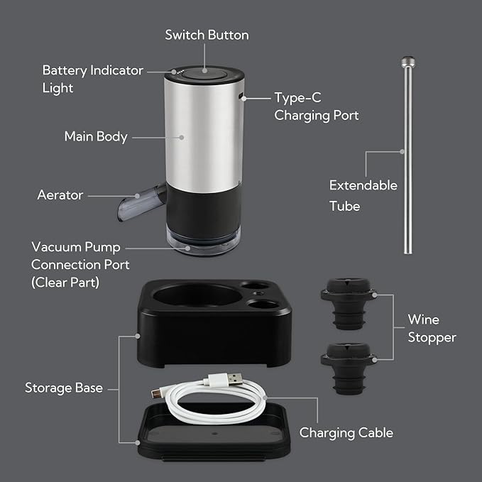KITCHENDAO Rechargeable Electric Wine Aerator Dispenser and Wine Saver Pump, Automatic Wine Pourer with USB-C Cable, Storage Base and 2 Stoppers, Built-in Sound Indicator,Gift for Valentine's Day