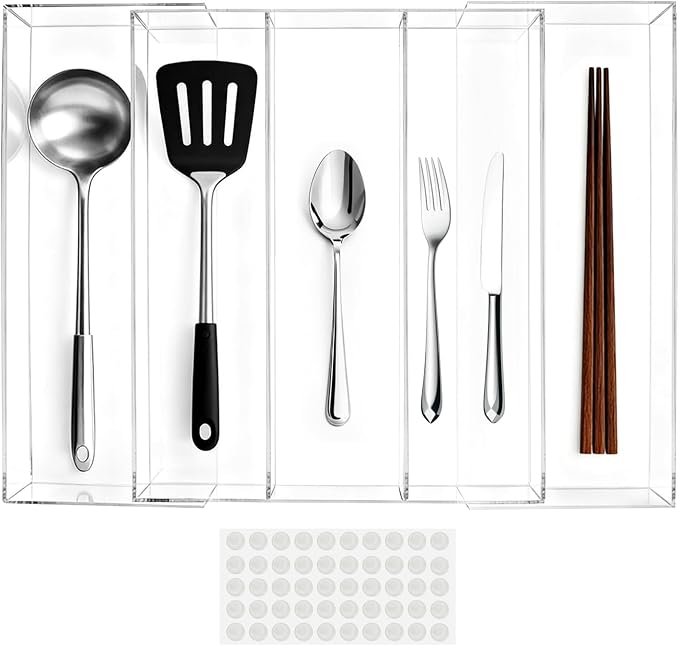 Expandable Kitchen Drawer Organizer 12 x 16 Inch Adjustable Silverware Knives Drawers Storage 3-5 Compartments Clear Acrylic Utensil Organizer for Kitchen