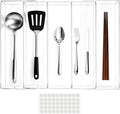 Expandable Kitchen Drawer Organizer 12 x 16 Inch Adjustable Silverware Knives Drawers Storage 3-5 Compartments Clear Acrylic Utensil Organizer for Kitchen