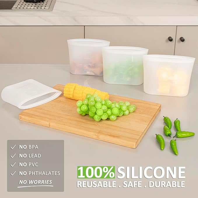 Bundle of 4 Pack 100% Silicone Reusable Food Storage Bags 16oz Translucent + 8 Pack 100% Silicone Reusable Sandwich Bags & Snack Bags