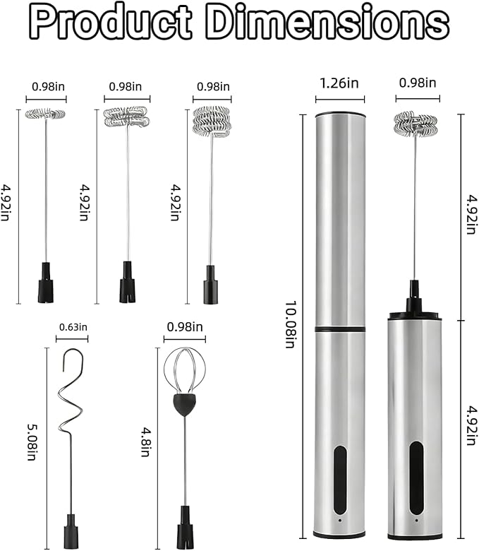 Rechargeable Milk Frother Wand with 3 Independent Speed Buttons, Handheld Electric Whisk with 5 Attachments for Coffee, Lattes, Matcha, Kitchen Gift, Stainless Steel Silver