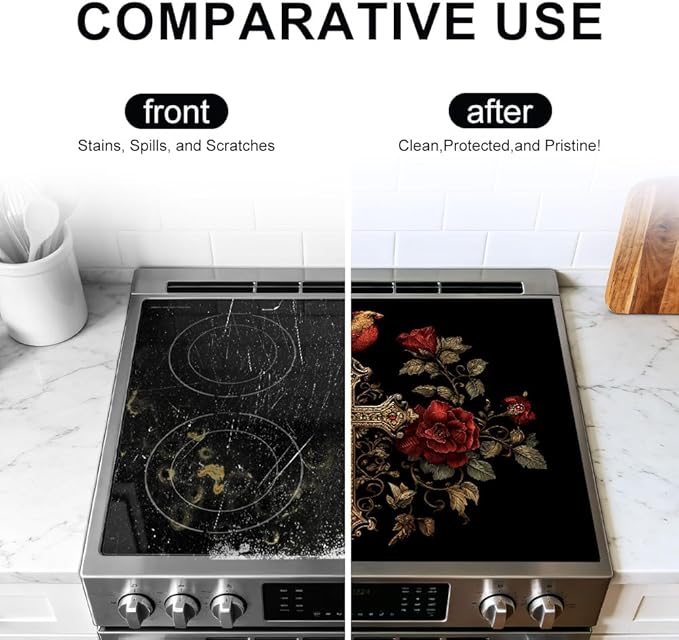 Stove Top Cover for Electric Stove 28.4 x 20.5 Inch Non Slip Stove Mat Oil Proof Gothic Cross Rose Glass Cooktop Protector Kitchen Mat