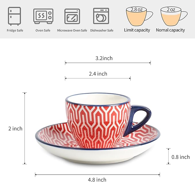 Selamica Ceramic 2 oz Espresso Cups, Small Expresso Coffee Cup Set with Saucers, Porcelain Mini Demitasse Cups for Latte Mocha Tea, Set of 6, Assorted Colors
