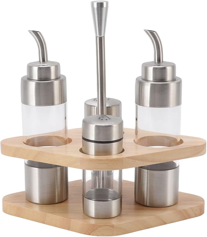 4-Pack Stainless Steel Kitchen Dispenser Set with Wooden Holder - Precision Olive Oil, Vinegar, Salt & Pepper Bottles for Home & Restaurants