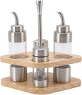 4-Pack Stainless Steel Kitchen Dispenser Set with Wooden Holder - Precision Olive Oil, Vinegar, Salt & Pepper Bottles for Home & Restaurants