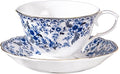 fanquare Porcelain Tea Cup and Saucer with Gold Trim, 8 oz Blue Floral British Coffee Cup with Spoon for Women Tea Parties