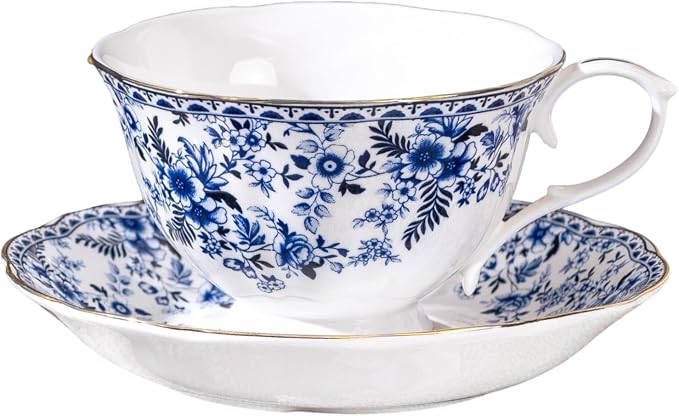 fanquare Porcelain Tea Cup and Saucer with Gold Trim, 8 oz Blue Floral British Coffee Cup with Spoon for Women Tea Parties