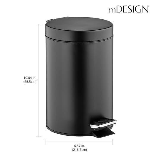 mDesign Pedal Bin — Metal Waste Bin with Pedal, Lid and Plastic Bucket Insert — for Bathroom, Kitchen, and Office — 3 Litre Household Rubbish Bin with Ergonomic Design — Black