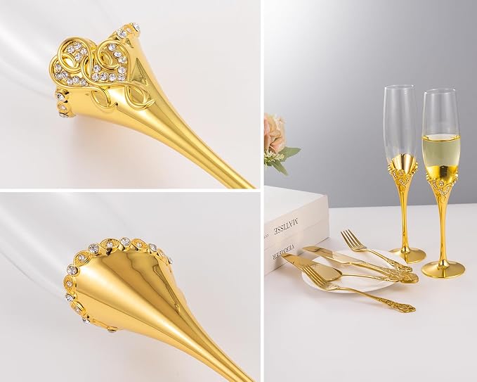 Wedding Cake Knife and Server Set, Mr and Mrs Champagne Flutes with Gold Cake Cutting Set for Wedding Bridal Shower Gifts