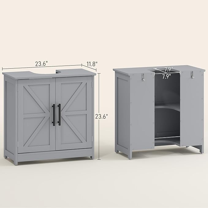 HOMCOM Pedestal Sink Storage Cabinet, Farmhouse Freestanding Bathroom Sink Cabinet with 2 Barn Doors and Adjustable Shelf, Dark Gray