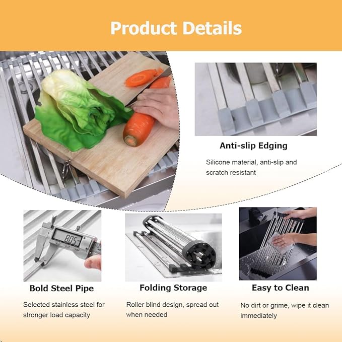 37/40/43/45/47/50/52 CM Collapsible Roll up Dish Drying Rack, Over The Sink Square Tubes Foldable Stainless Steel Drainer for Kitchen(Gray,37x28cm/14.6x11.0in)