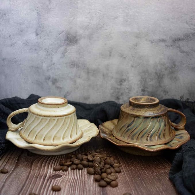 Vintage Ceramic Coffee Cup with Saucer, Farmhouse Stoneware Espresso Cup, Rustic Teacup, Microwave & Dishwasher Safe,Unique Gifts Men and Women (Brown, 5oz)