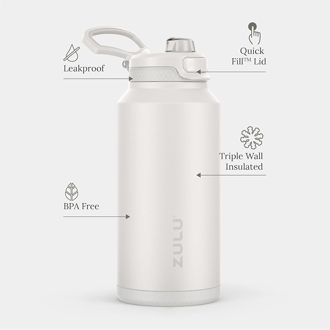 ZULU Powerfill Pro 64oz Half Gallon Stainless Steel Water Bottle with Quick Fill Lid, Triple Walled Vacuum Insulated Metal, Leak Proof Locking Lid, Sip and Chug, Reusable BPA Free, White Monochrome