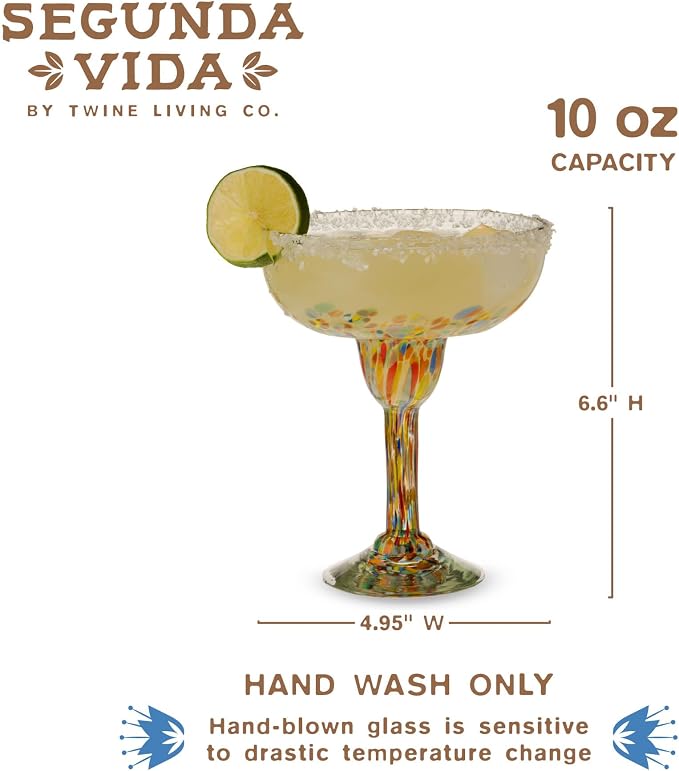 Twine Segunda Vida Artistico Margarita Bar Glasses, Mexican Margarita Glasses Margarita Set Home Cocktail Bar Gifts, 100% Recycled Glass, Multicolor 10oz Set of 2