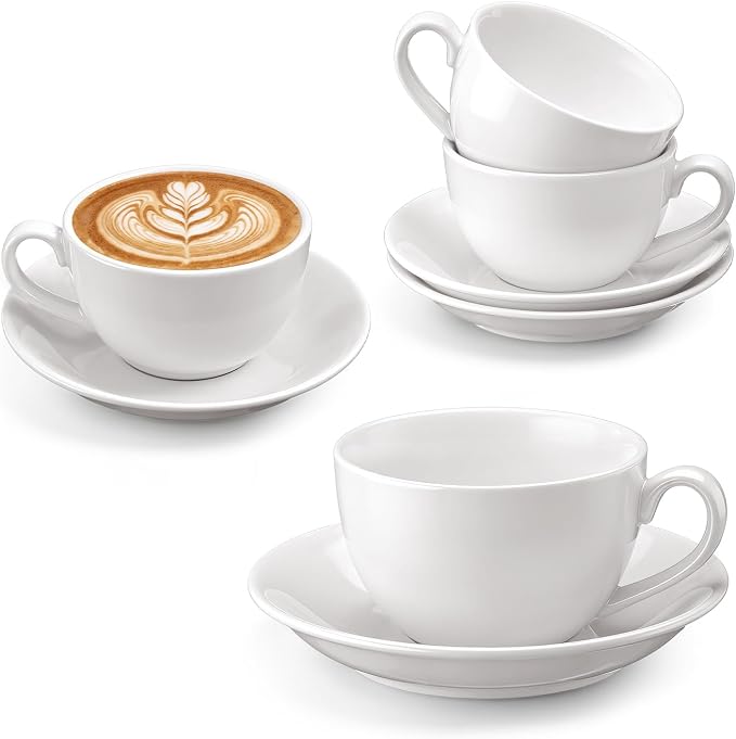 4 Set 11.5 oz Cappuccino Cups with Saucers Large Ceramic Coffee Mugs White Espresso Cup and Saucer Set Heavyweight Porcelain Housewarming Gift for Tea Espresso Latte Kitchen Cafe