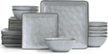 Famiware Stoneware Dinnerware Sets for 8, Ocean Square 24-Piece Kitchen Plates and Bowls Sets, Microwave and Dishwasher Safe, Scratch Resistant, Grey