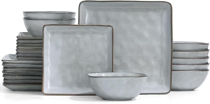 Famiware Stoneware Dinnerware Sets for 8, Ocean Square 24-Piece Kitchen Plates and Bowls Sets, Microwave and Dishwasher Safe, Scratch Resistant, Grey