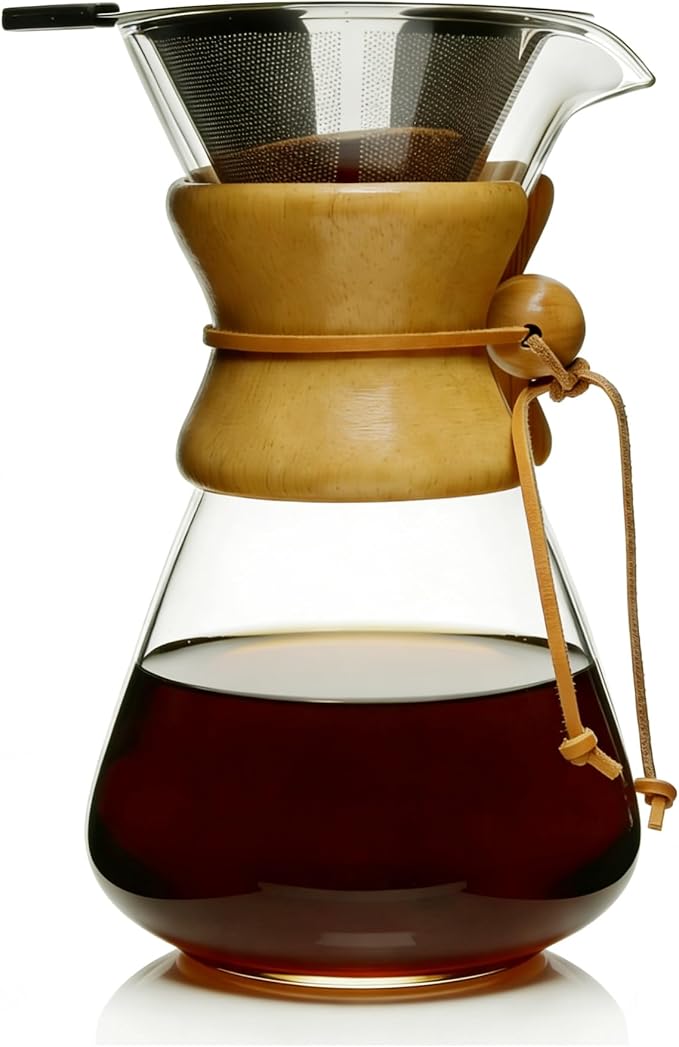 subjectthree Glass Coffee Maker - Pour Over Coffee Dripper Set with 304 Stainless Steel Filter for Camping, Office,Cafes,Home Use,Barista Kit 6/8/10 Cup Easy Clean(34 Ounce Curved)