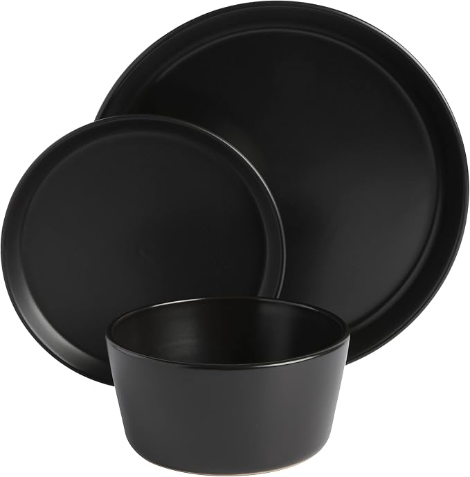 Gibson Soho Lounge Sofia Coupe 12-Piece Stoneware Dinnerware Set, Service for 4 – Black Plates and Bowls