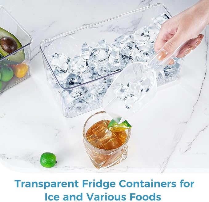 4 Pcs Clear Freezer Ice Bins with Handle Design, Ice Food Organizers for Kitchen Fridge Cabinet, Transparent Plastic Storage Cases with Shovels Scoops, Refrigerator Containers