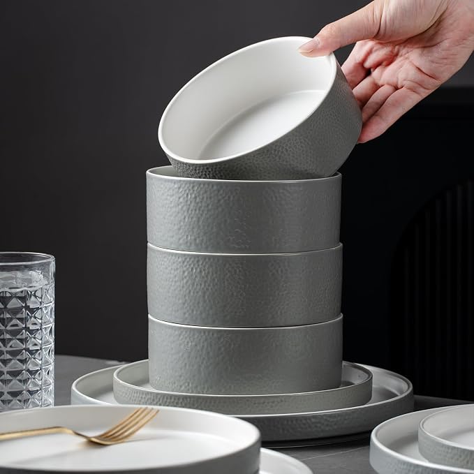 Grey Ceramic Dinnerware Set for 4, 12 Piece Porcelain Plates and Bowls Set, Modern Stoneware Chip and Scratch Resistant Dinner Plate Sets, Everyday Dish Sets, Microwave and Dishwasher Safe