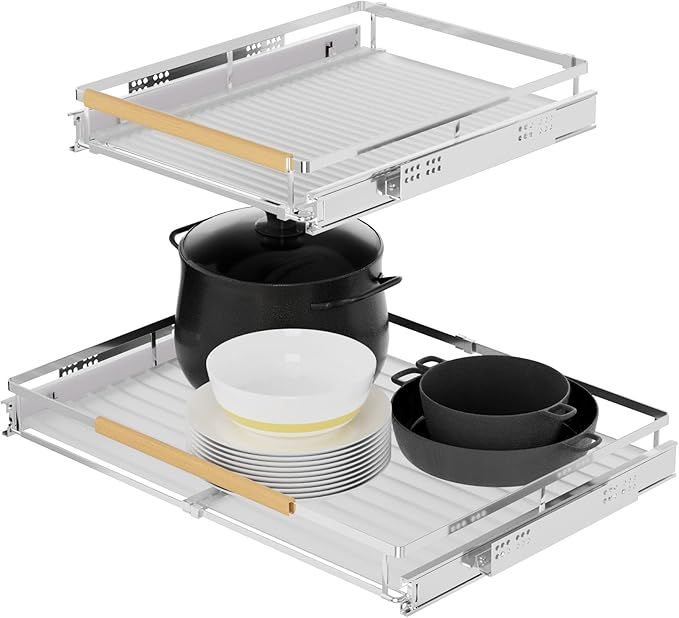 SANNO Expandable Pull Out Drawers for Kitchen Cabinets Organizer, Sliding Shelf Under Cabinet Organizers Expandable Dish Drying Rack On Counter