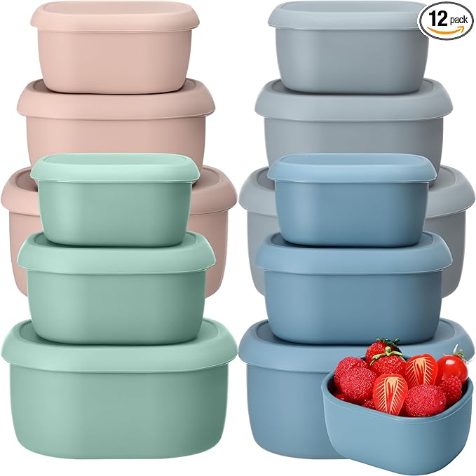 Blushtier 12 Pcs Silicone Food Storage Containers with Lids Reusable Silicone Snack Container 3 Size Silicone Lunch Box Bento with Lids Freezer Dishwasher Safe,6.7oz, 10oz, 20oz(Mo Landi Color)