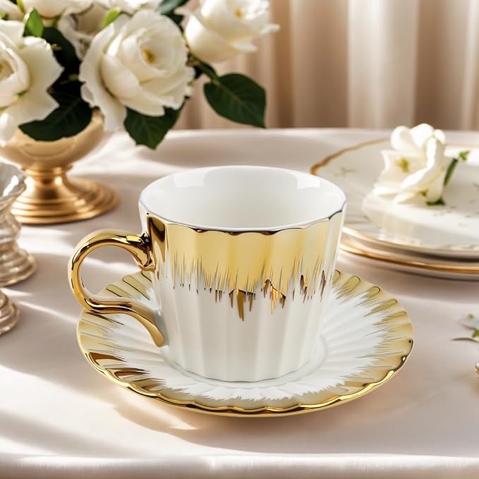 Turkish Coffee Cup Set of 6 with Saucers,3.5oz Ottoman Style Ceramic Tea Cups for Espresso Cappuccino Latte Mocha,White Gold