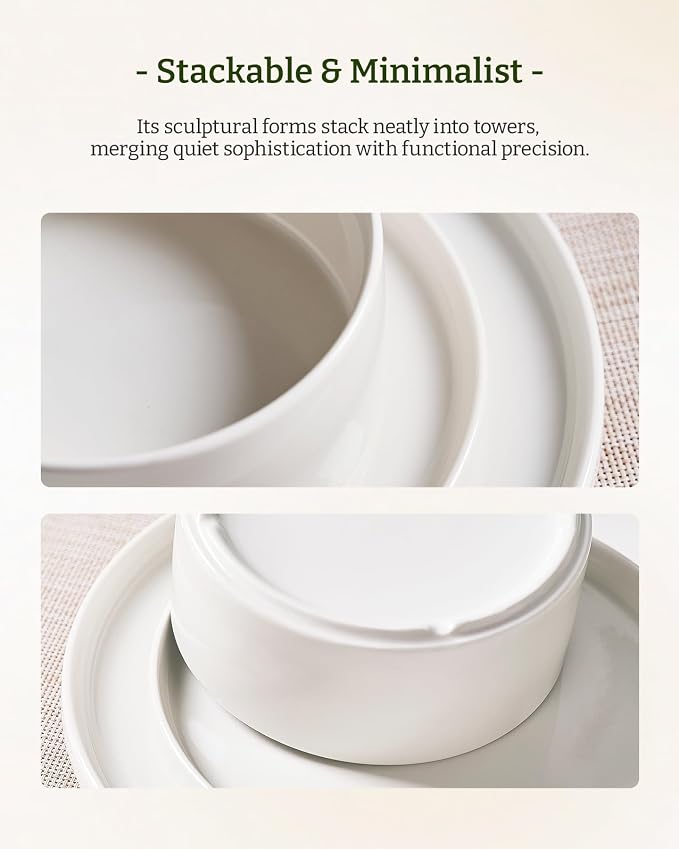 Famiware Porcelain Dinnerware Set, 12-Piece Modern Plate and Bowl Set, Dish Set for 4, Microwave and Dishwasher Safe Tableware, White
