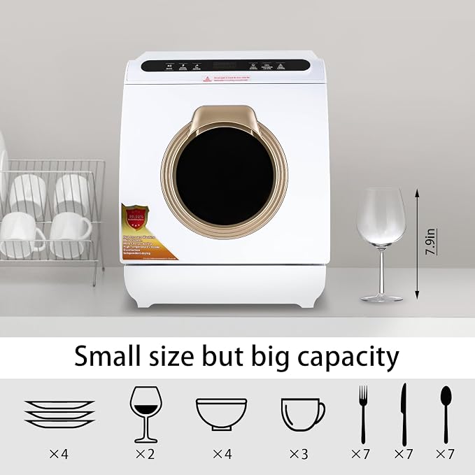 Countertop Dishwasher, Portable Dishwasher With Water Tank, 3 Washing Programs, 360-Degree Water Spraying, 75°C Hot Air Drying Technology, 110v, 1200w (White+Gold)
