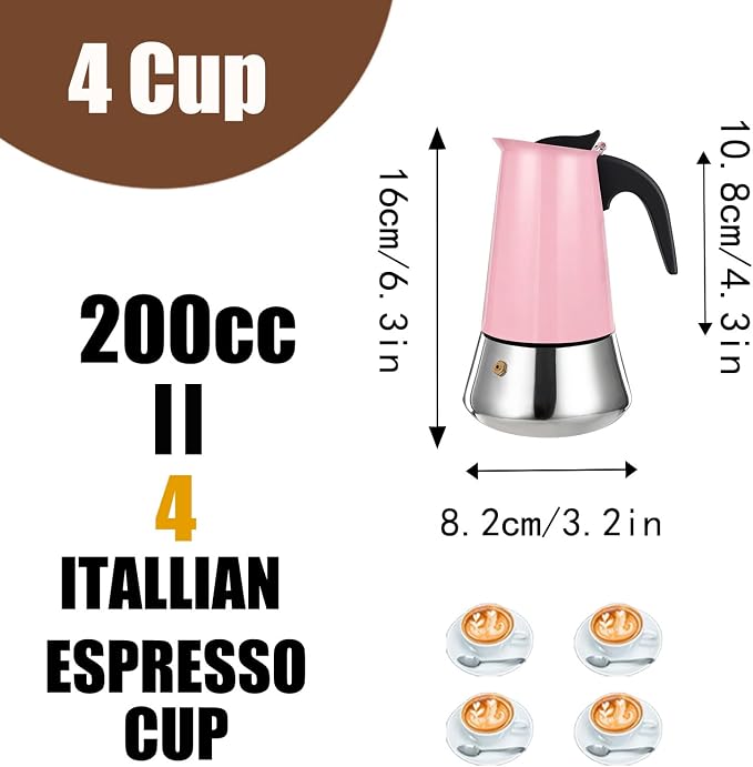 4 Cup Stovetop Espresso Maker Stainless Steel Moka Pot Stove Top Percolator Italian Coffee Makers Capable Mocha Greca Machine Cafe Classic Induction Cookers for Home and Camping 200ml 6.6oz