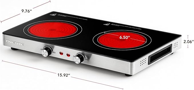 OVENTE Infrared Ceramic Double Burner, 1800W Electric Countertop Hot Plate with Black Crystalline Glass, Portable Stainless Steel Cooktop for Home, Office, or Dorm Use, Black BGI302GB