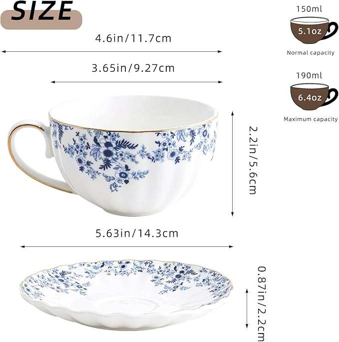 Agyiuns ceramic tea cups and saucers 6oz,floral tea cups for Coffee, Latte, Cafe Mocha and Tea (Little Blue Flowers)
