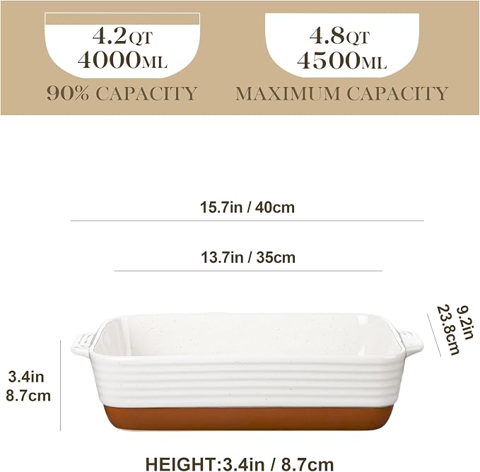 MALACASA 9x13 Ceramic Baking Dish, 4.8 QT Deep Casserole Dish with Handles, Oven Safe Lasagna Pan for Baking, Roasting & Serving, Rectangular Bakeware, Khaki & White, Tara