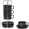 Sureasy 4 Ounce Ceramic Espresso Cups Set of 4 - Stackable Demitasse Cups with Saucers & Metal Stand, Coffee Cups for Latte, Tea, Dishwasher & Oven Safe, Black