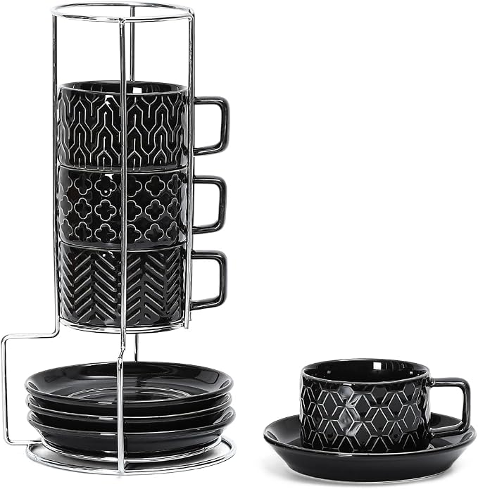 Sureasy 4 Ounce Ceramic Espresso Cups Set of 4 - Stackable Demitasse Cups with Saucers & Metal Stand, Coffee Cups for Latte, Tea, Dishwasher & Oven Safe, Black