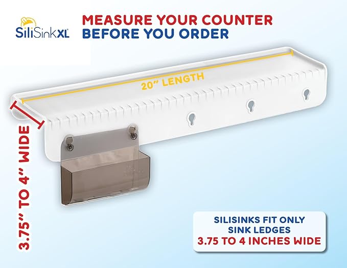 SiliProducts SiliSink XL Silicone Sink Edge Guard for Kitchen Sink - Fits 3.75” - 4” Wide - The Original Stone Protector with Sponge Caddy - Splash Guard, 20” Frosted Matte