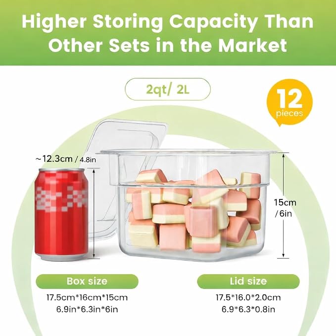 12 Pack Plastic Food Pan with Lid 1/6 Size 6 Inch Deep Restaurant Clear Food Storage Containers Polycarbonate Commercial Hotel Pans for Fruits Vegetables Beans Corns (12 PCS, 6'' Deep)