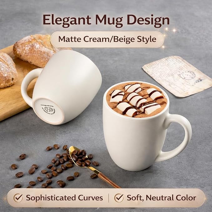 GBhome 16oz Coffee Mugs Set of 6, Large Ceramic Coffee Mugs for Man, Woman, Dad, Mom, Modern Coffee Mugs Set with handle for Tea/Latte/Cappuccino/Milk/Cocoa. Dishwasher&Microwave Safe,ivory