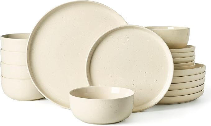 Famiware Milkyway Stoneware Dinnerware Set, 18-Piece, Plates and Bowls for Everyday & Formal Dining, Service for 6, Microwave and Dishwasher Safe, Scratch-Resistant, Almond Milk