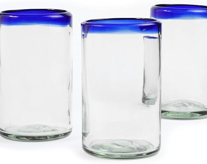15 oz Hand Blown Mexican Drinking Glasses - Set of 6 tumblers, 15 fl oz each, Cobalt Blue Rim
