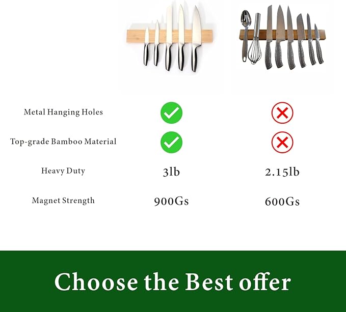KITCHENDAO Bamboo Magnetic Knife Holder for Wall 17 inch Knife Magnetic Strip Bar Rack- 50% Stronger Magnet - Safe, Secure & Easy Storage Solution for Kitchen Knives, Metal Utensils & More