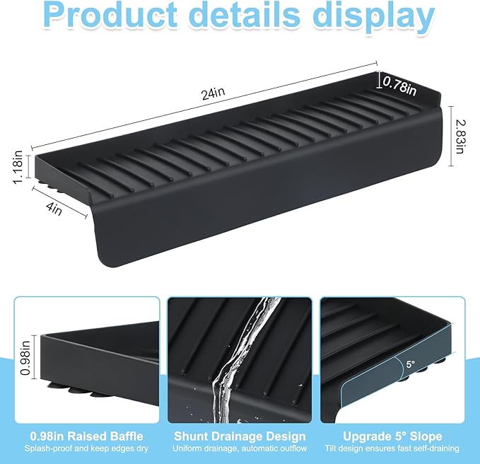 Silicone Sink Edge Protectors 4" x 24", Upgrade Kitchen Sink Splash Guards With Suction Cup, Splash Guard For Bathtub Sink, Countertop Protectors For Quartz Kitchen Sink（Black）