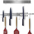 Magnetic Knife Holder for Wall 16 inch Extends up to 30 inches 4 Strip Neodymium Magnetic Rack with 10 Hooks for Kitchen Utensils Organize. No Drill. Tools Holder